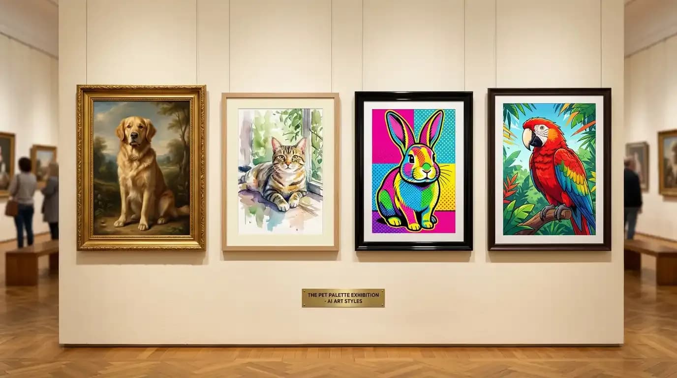 Collage aus 4 verschiedenen KI-Tierportraits nebeneinander – Hund, Katze, Kaninchen, Vogel